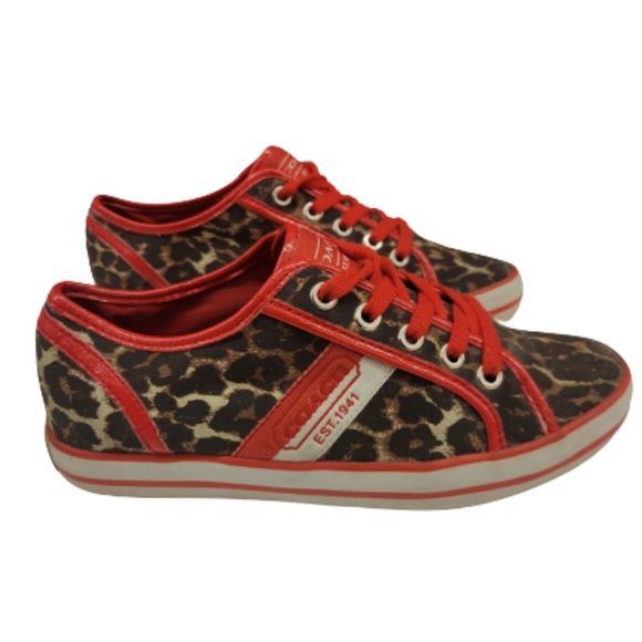 Coach "Deja" Leopard Print Lace Canvas Red Brown Black & White Size 6B - Picture 3 of 9